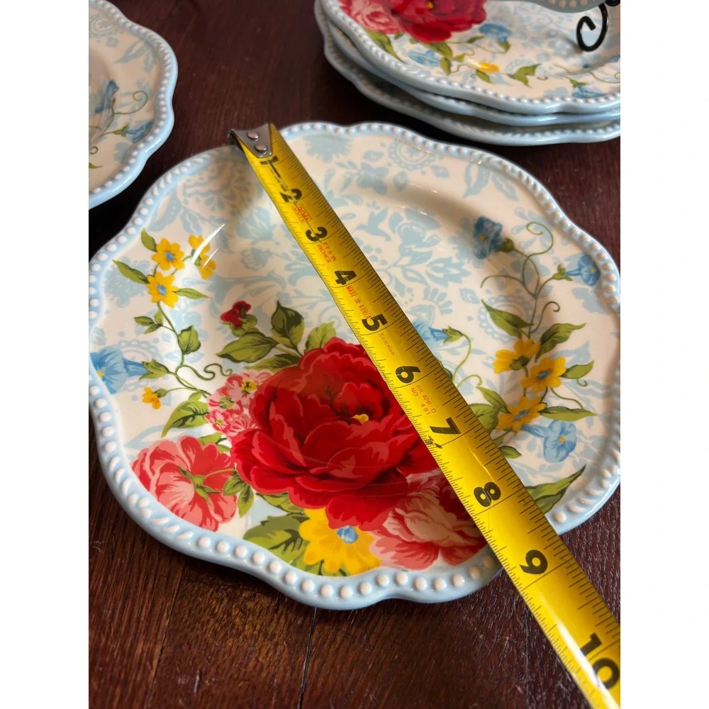 Pioneer Woman Breezy Blossom Salad Plates Set 7 Scalloped Floral Stoneware 8.5